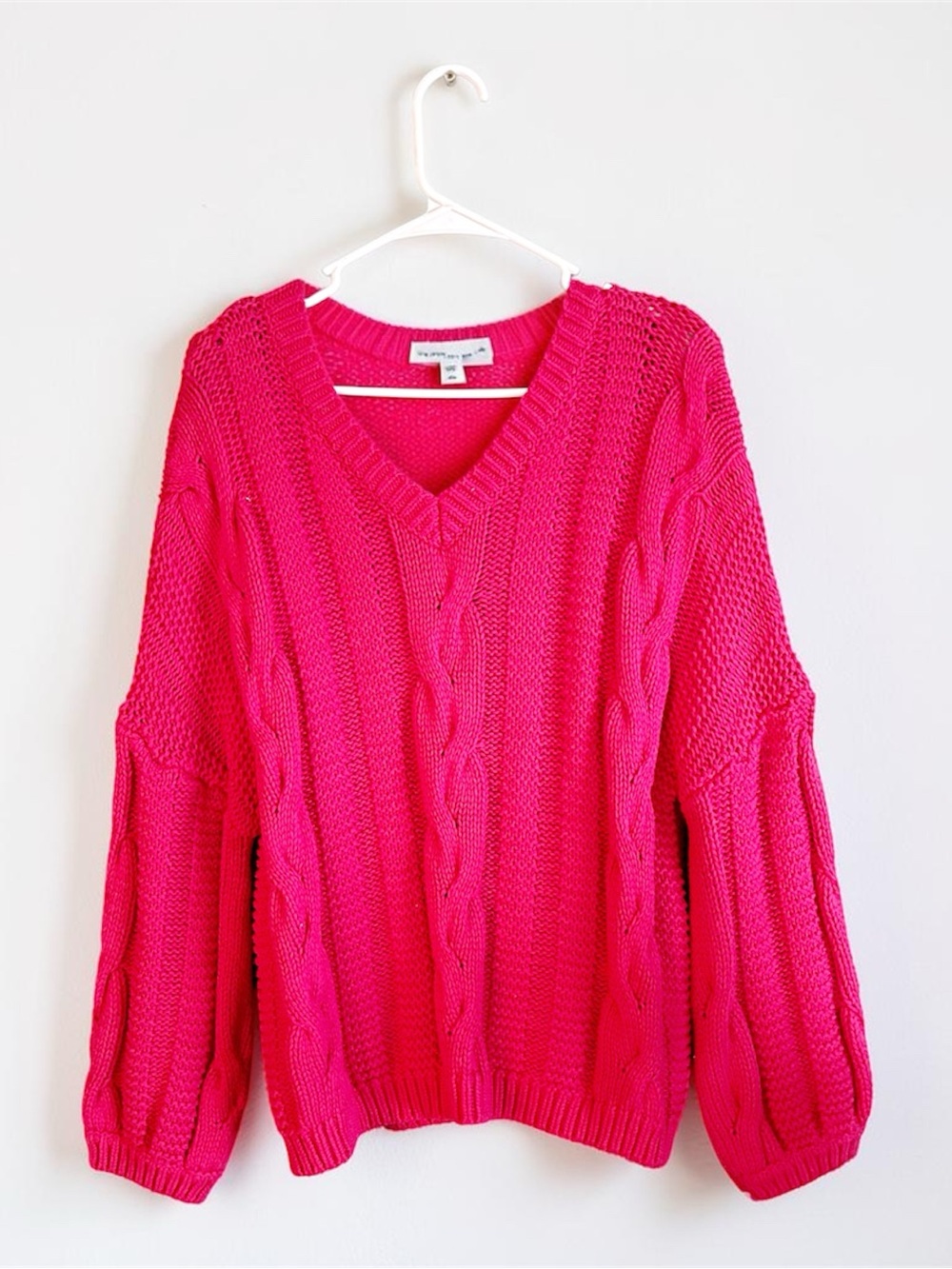Cozy Bright Pink Chunky Cable Knit V-Neck Fisherman Sweater